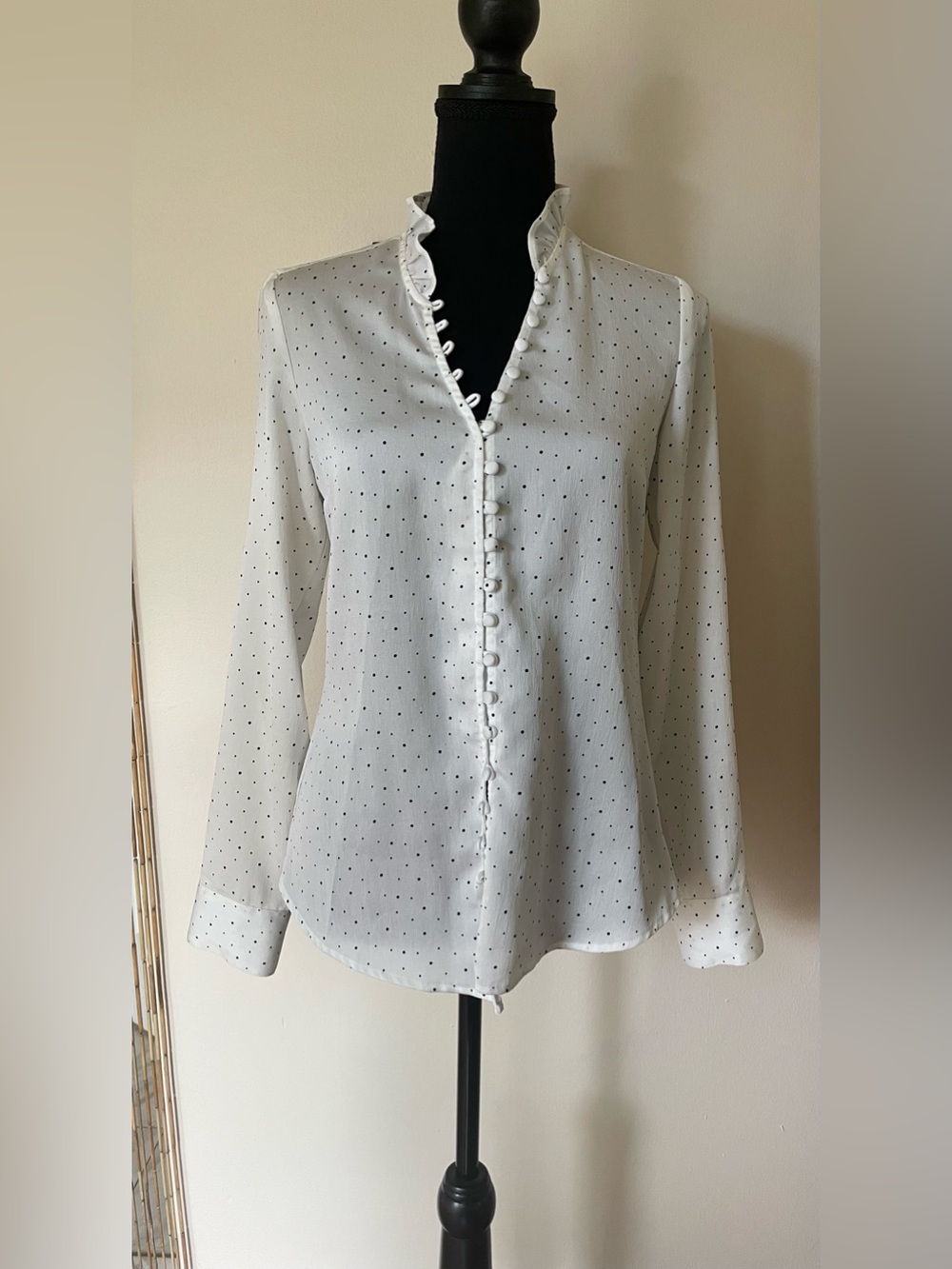 Express White Polka Dot Ruffle Neck Blouse